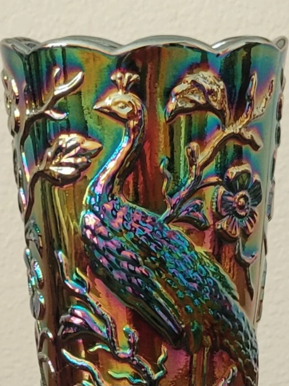 Vintage Fenton Amethyst Carnival Glass Peacock Vase Iridescent Art Glass